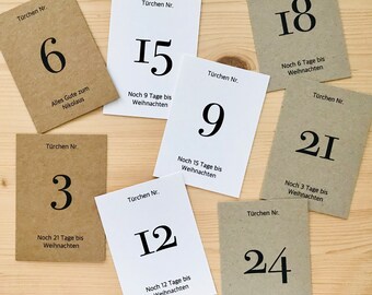Calendario de Adviento números 1-24 | Tarjetas para calendarios de Adviento caseros | Papel kraft | Papel natural | Marrón | Gris | Blanco | Dígitos