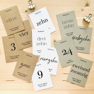 Karten für Adventskalender zum Basteln mit Zahlen 1-24 | DIN A7 | Kraftpapier | Naturpapier | braun | grau | weiß | Schriftmix