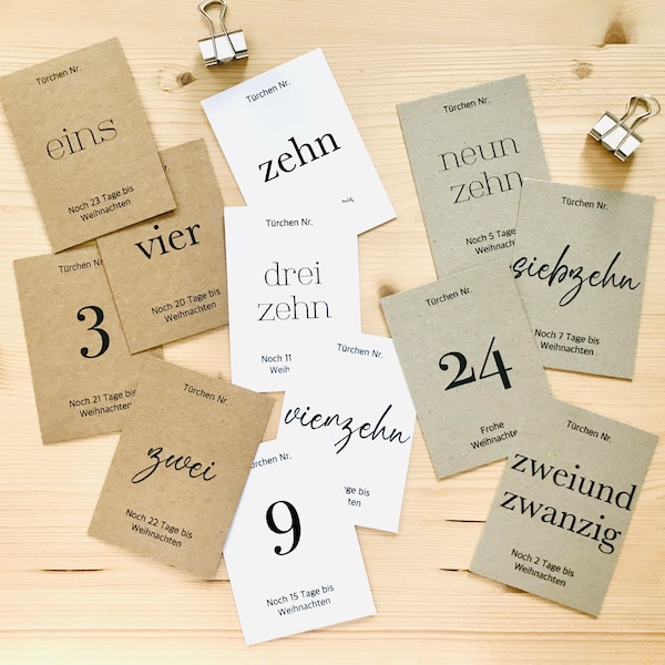 Karten für Adventskalender zum Basteln mit Zahlen 1-24 | DIN A7 | Kraftpapier | Naturpapier | braun | grau | weiß | Schriftmix