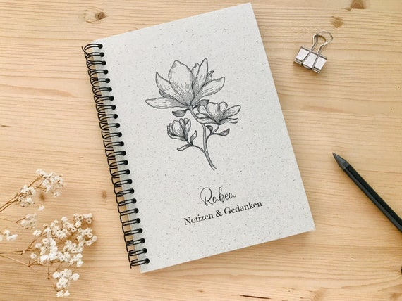 Notizbuch aus Graspapier personalisiert mit Namen Ringbindung Spiralblock A4 A5 A6 blanko | Magnolie