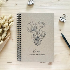Notizbuch personalisiert mit Namen Ringbindung Spiralblock A4 A5 A6 blanko Kraftpapier Tulpen Braun