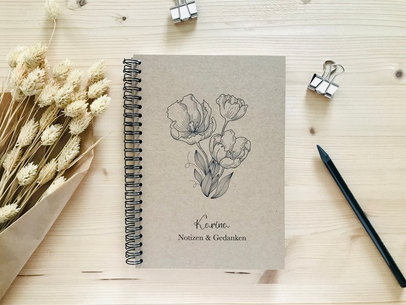 Notizbuch personalisiert mit Namen Ringbindung Spiralblock A4 A5 A6 blanko Kraftpapier Tulpen Braun