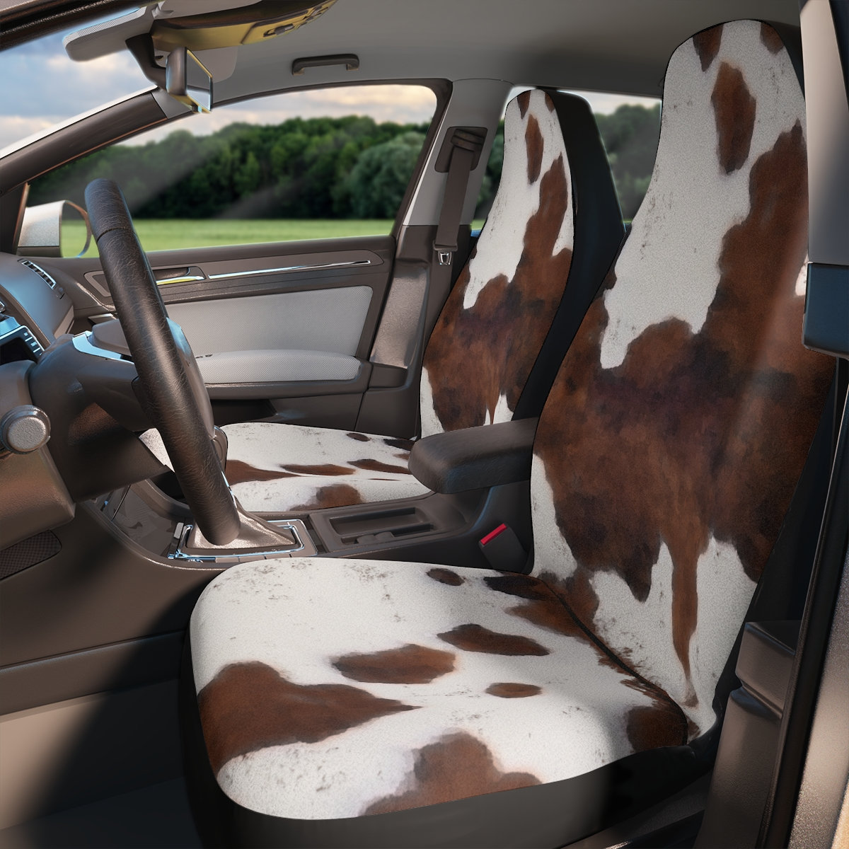 Brown cow print sale car seat covers