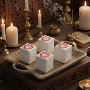 May include: Four white, cube-shaped items with red circular labels sit on a wooden tray. Lit candles and incense sticks create a warm, spiritual ambiance. The scene is set on a dark wooden surface, with additional candles and decorative elements.