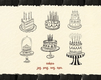 Hand Drawn cakes sweet Birthday Party Cake Bundle SVG PNG Bridal Bundle Party Bundle Clipart invitation Doodle Bundle Menu elements digital