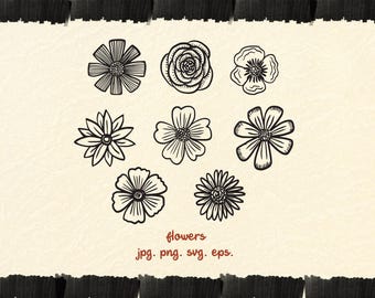 Hand-Drawn Line Flowers, Vector Illustrations, Floral Illustration, Black and White art, Minimalist Botanical Sketch