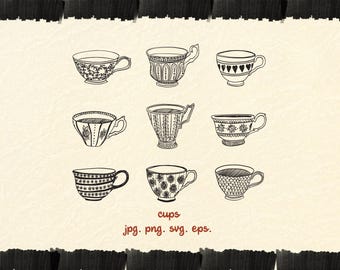 Hand-Drawn Teacup Line Art, Clipart Bundle (svg, png, jpg, eps)