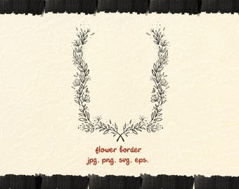 Clipart con cornice floreale vintage, bordo per matrimonio, disegno al tratto (download digitale)