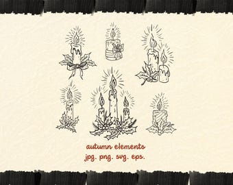 Candles Christmas Line Art Clipart | Hand Drawn Vector | Fine Line Outline Elements