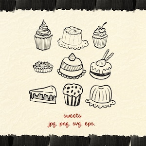 Kuchen Menü Elemente Hochzeitskarten Einladung Süßigkeiten Dessert Clipart digitale Illustration png svg eps