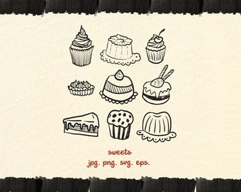 Hand-Drawn Cakes Clipart, Sweets Illustrations (PNG, SVG, EPS)