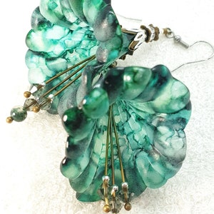 X Large Green Black Flower Earrings, Lucite Flower Earrings, Boho Floral Earrings, Handpainted Flower Earrings, Boho Mermaid Flower Earrings