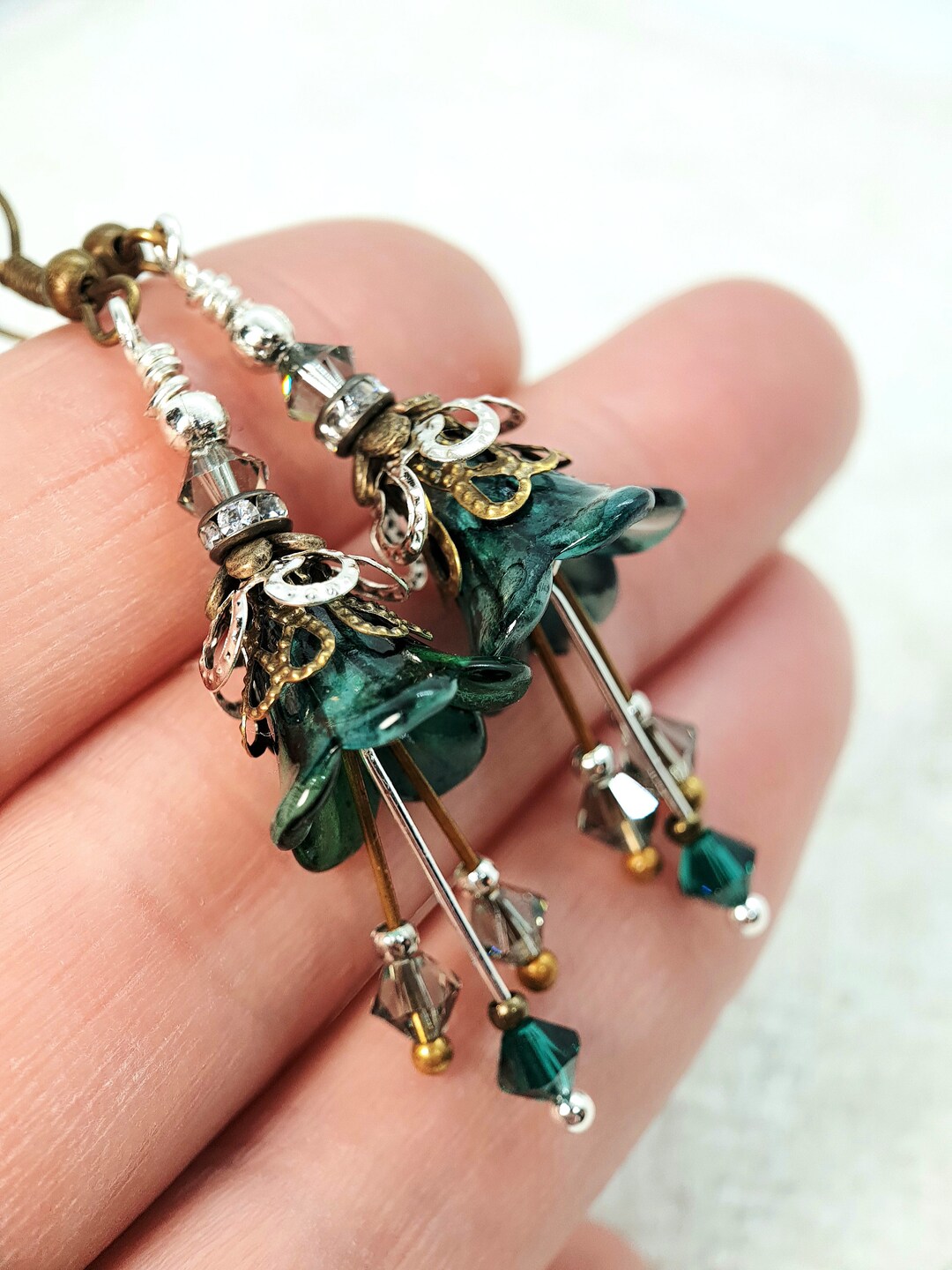 Green Black Flower Earrings Fairy Flowers Handmade Dangle Drop Flower