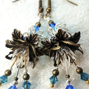 Blue Crystal Metal Flower Earrings ~ Elven Flowers ~ Handmade Dangle Flower Earrings, Bohemian Boho Vintage Style Earrings, Gift For Her