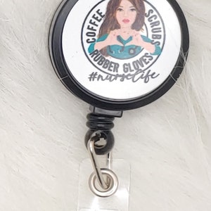Coffee, scrubs and rubber gloves badge reel