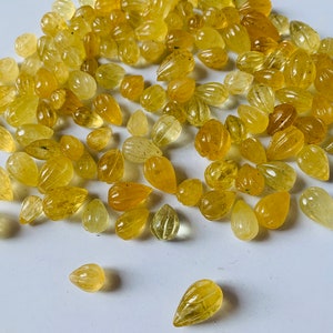 Natural Yellow Aquamarine Carving Cabochons, Size 8 to 14 MM, Carving Cabochons for Jewelry Making, Drop Shape Carving, Handcrafted Carving