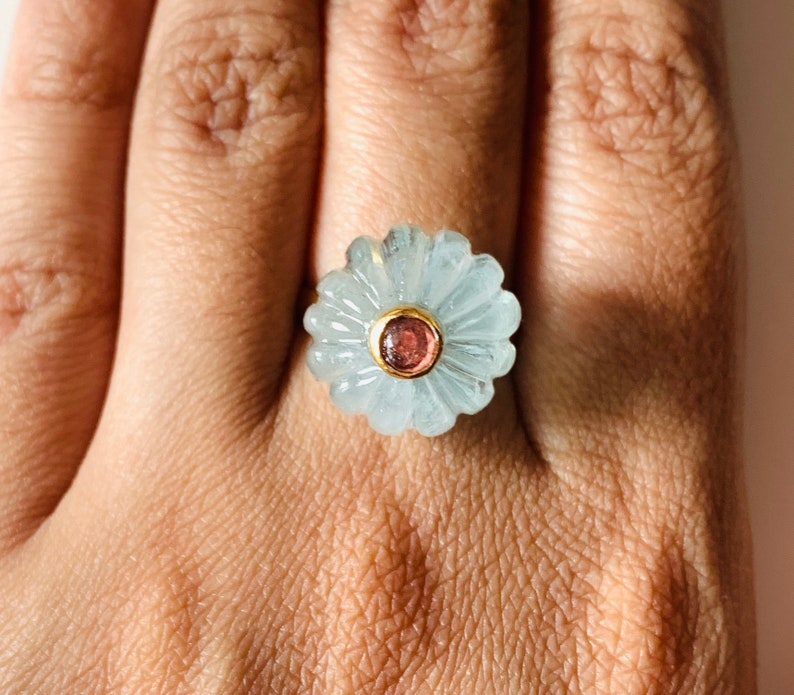 Handgjord ring med snidad akvamarinmelon, Statementring i sterlingsilver bild 8