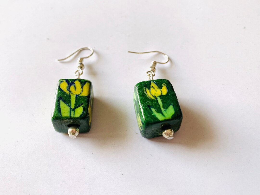 Blue Pottery Earrings in Stainless Steel, Handcrafted Mud Earrings