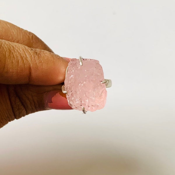 Natural Morganite Raw Crystal Ring in 925 Sterling Silver, Handmade Solid Silver Ring, Rough Gemstone Ring, Gift for her, Rough Ring