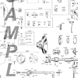 Puede incluir: Un diagrama en blanco y negro que muestra una lista de piezas para una m&aacute;quina, etiquetada como "List of Parts-Machine No. 15-91". El diagrama muestra varias partes de la m&aacute;quina, incluyendo un engranaje, una palanca, un eje y una carcasa.