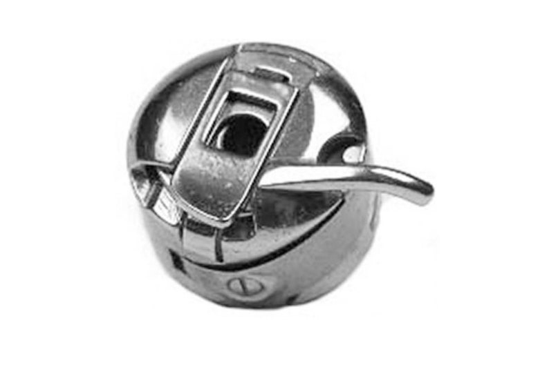 May include: A silver bobbin winder for a sewing machine. The winder has a lever and a small opening for thread.