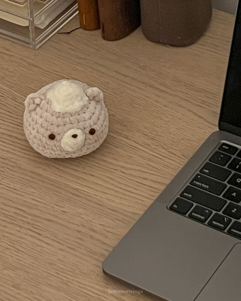 Peut inclure: Un ours en crochet rose clair avec une touffe blanche et des yeux bruns est pos&eacute; sur un bureau en bois. Un ordinateur portable est &agrave; c&ocirc;t&eacute; de l'ours. Th&egrave;me : artisanat et d&eacute;coration d'int&eacute;rieur.