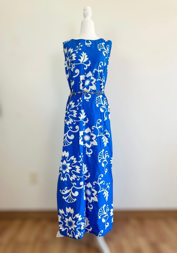 Vintage 60s 70s Blue Floral Tiki Hawaiian Dress