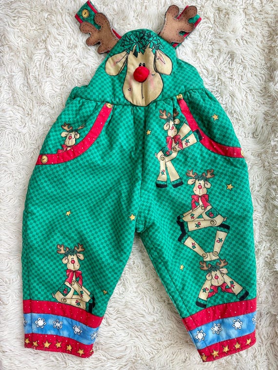 90’s Homemade Daisy Kingdom Rudi Reindeer Quilted Christmas Overalls