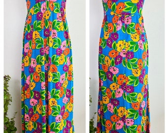 Vintage jaren '70 Dayglo Neon Hawaiian Tiki Rave Festival Maxi Jurk Flower Power