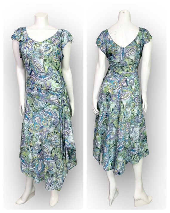 Y2K Bias Cut Paisley Sparkle Asymmetrical Midi Dress