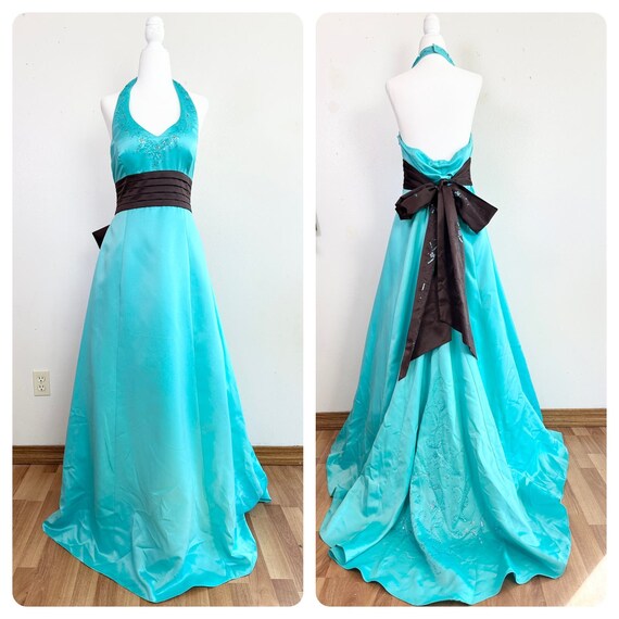 Y2K Blue and Brown Halter Gown