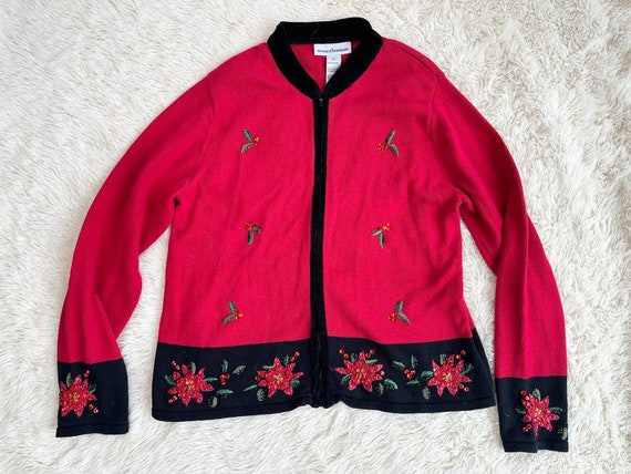 Y2K Red Poinsettia Zip Holiday Christmas Cardigan… - image 1