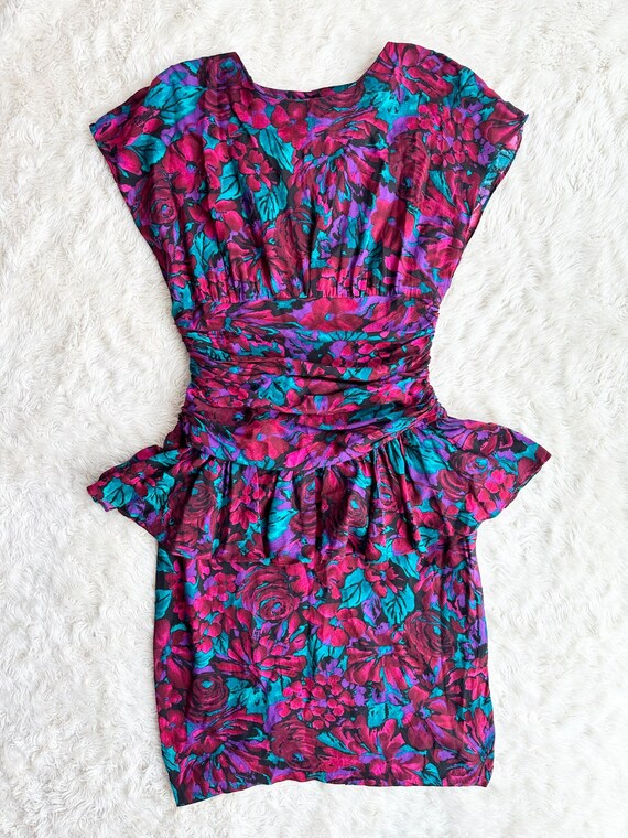 Vintage 80’s Jewel Tone Floral Peplum Dress