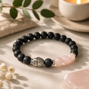 Essential Oil Diffuser Bracelet – Lava Stone & Rose Quartz – Healing Crystal Bracelet for Calm, Anxiety Relief and Spiritual Balance