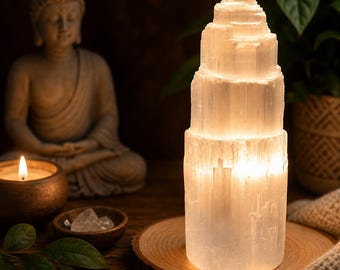 Selenite Tower Lamp – Spiritual Healing Light – Crystal Lamp for Energy Cleansing & Meditation Decor