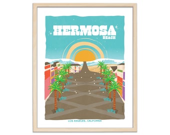 May include: A retro-style illustration of Hermosa Beach, California. The image features a colorful cityscape with palm trees, a beach, and a setting sun. The text "Hermosa Beach" is displayed in a bold, white font.