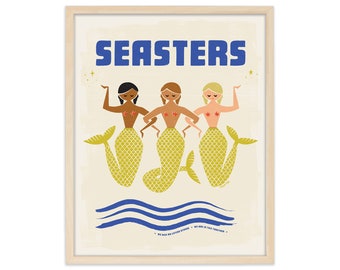 Seasters 3 | Mermaids, Sisters, Women of the Sea, Women Empowerment, We Rise by Lifting Each Other Up Retro Art Print Illustration