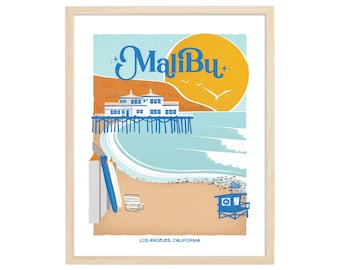 Malibu Beach Retro Travel Poster | California Vintage Wall Art Print, Beach Surfing