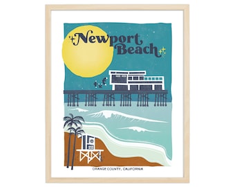 Newport Beach Retro Travel Poster | California Vintage Wall Art Print, Beach Surfing