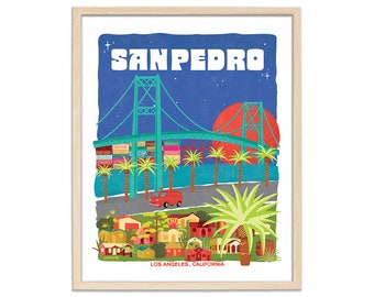 May include: A retro-style illustration of the Vincent Thomas Bridge in San Pedro, California. The bridge is green and white, with a red sun setting in the background. There are palm trees and houses in the foreground, and the text "SAN PEDRO" is written in white letters at the top of the image. The text "LOS ANGELES, CALIFORNIA" is written in smaller white letters at the bottom of the image.