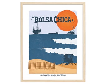 Bolsa Chica, Huntington Beach Retro Travel Poster | California Vintage Wall Art Print, Beach Surfing