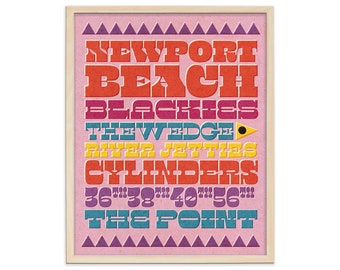 Newport Beach Surf Spots Poster: Retro Typography Art Print