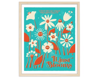 Blauwgroen bloemenkunstprint: retro inspirerende bloemillustratie