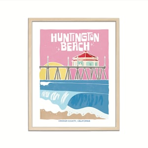 Huntington Beach Retro Travel Poster | California Vintage Wall Art Print, Beach Surfing