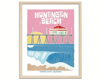 Retro reseaffisch med Huntington Beach | Vintage väggkonsttryck med Kalifornien, strandsurfing