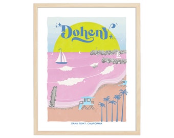 Doheny Retro Travel Poster | California Vintage Wall Art Print, Beach Surfing Dana Point