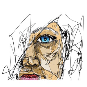 May include: A digital illustration of a person's face with a blue eye, a brown nose, and red lips. The face is drawn in a sketchy style with black lines and coloured shapes.