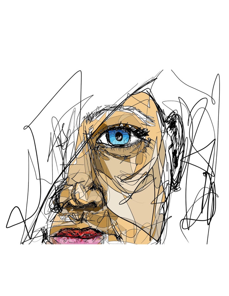 May include: A digital illustration of a person's face with a blue eye, a brown nose, and red lips. The face is drawn in a sketchy style with black lines and colored shapes.