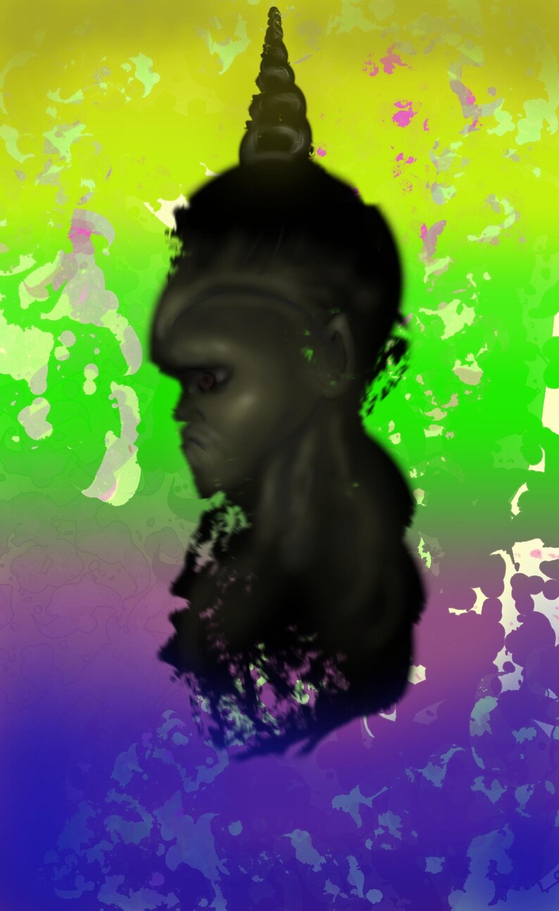 May include: Digital artwork featuring a dark humanoid form with a large forehead and a spiraled head ornament. The image is set against a gradient background of green, yellow, purple, and blue with abstract paint splatters.