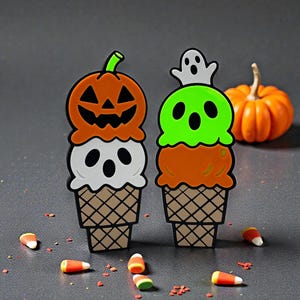 May include: Two Halloween-themed ice cream cone decorations. One features a jack-o'-lantern, the other a ghost. The cones are orange, white, and green, with a waffle cone base. Candy corn and a small pumpkin are also present.